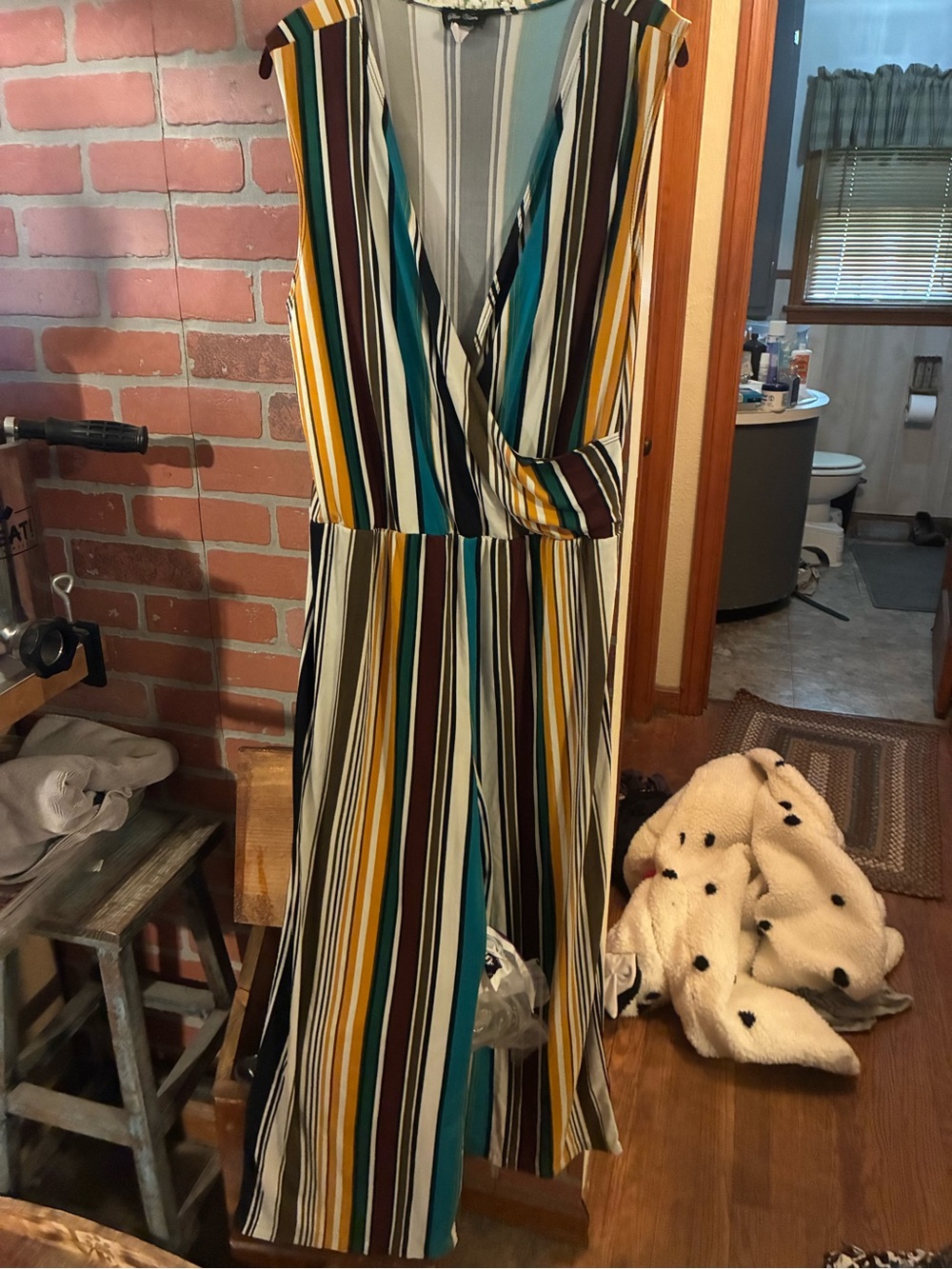 Star Vixen Striped Sleeveless V-Neck Jumpsuit in Teal, Mustard & Brown